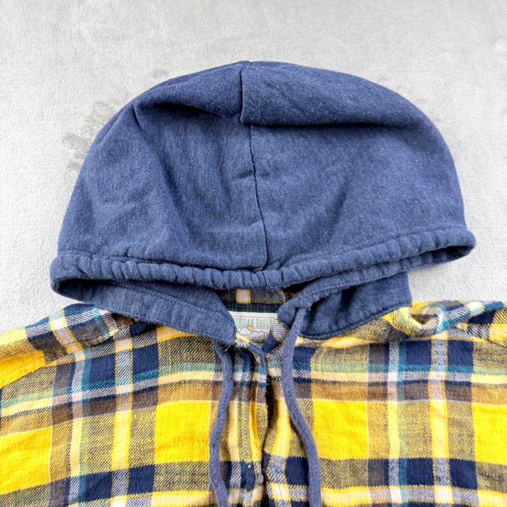 American Eagle Outfitters Women's Large Yellow Blue Plaid‎ Hooded Flannel Shirt - Picture 3 of 6